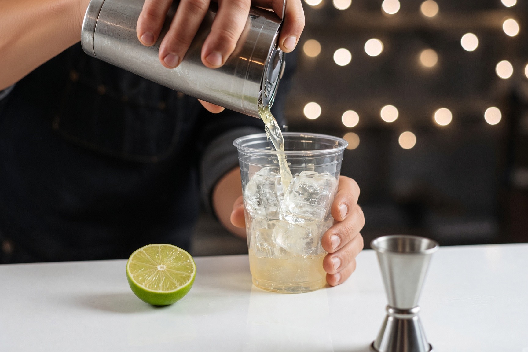 Bartender pouring a cocktail into a coupe glass